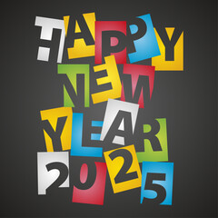 Happy New Year 2021 colorful negative space rectangle letters stickers labels on black isolated background greeting card.ai