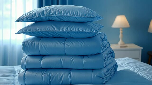 A bedroom scene features a stack of light blue bedding