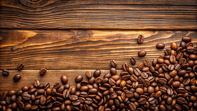 Coffee beans on rustic brown wooden background