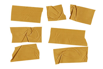 Beige brown packaging adhesive tape, set of crumpled pieces isolated. Transparent PNG image.