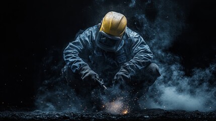 Worker in protective gear welds metal, sparks flying.