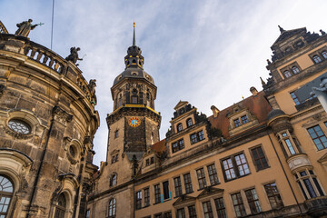 Low angle view of roofs and dome in historic centre of Dresden, Germany
