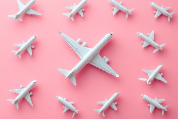 arrangement of multiple airplane models on pink background representing aviation industry, travel inspiration, and modern design aesthetics