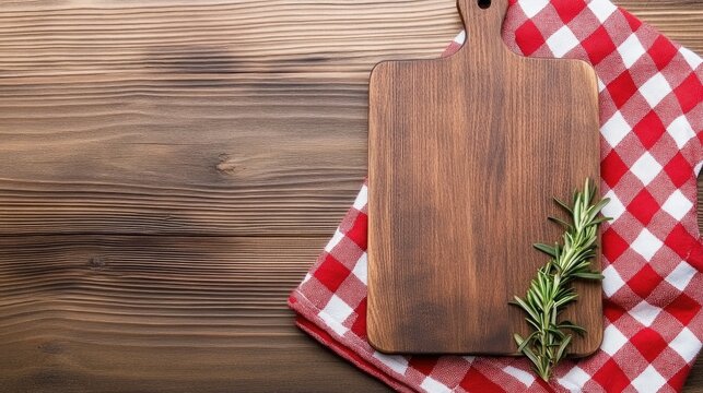 Rustic wooden pizza board on red kitchen towel with rosemary placed against a wooden background for creative presentation ideas