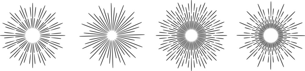 Obraz premium Retro sunburst vector illustration, linear elegant sun ray, line art burst set