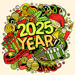 2025 doodles illustration. New Year objects and elements design. Creative cartoon holidays funny background
