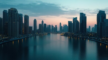 Fototapeta premium Dusk lights illuminate dubai marina skyline scenic viewpoint urban landscape contemporary architecture
