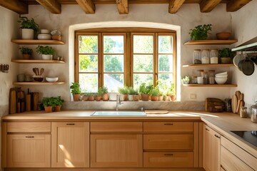 Fototapeta premium Scandinavian-Inspired Kitchen with Natural Wood Cabinets, Stone Countertops, Open Shelves, and Potted Herbs on Window Sill