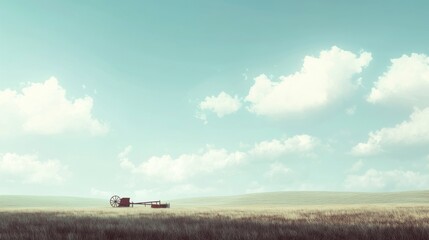 A lone, red farm tractor sits in a field, with a blue sky and white clouds above.