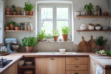 Fototapeta premium Scandinavian-Inspired Kitchen with Natural Wood Cabinets, Stone Countertops, Open Shelves, and Potted Herbs on Window Sill