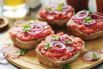 Traditional German sandwiches with minced meat Mettbroetchen