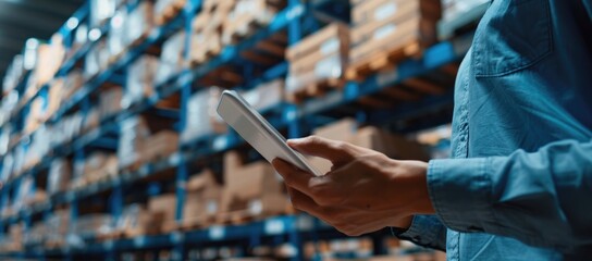 Warehouse Worker Using a Tablet for Inventory Management