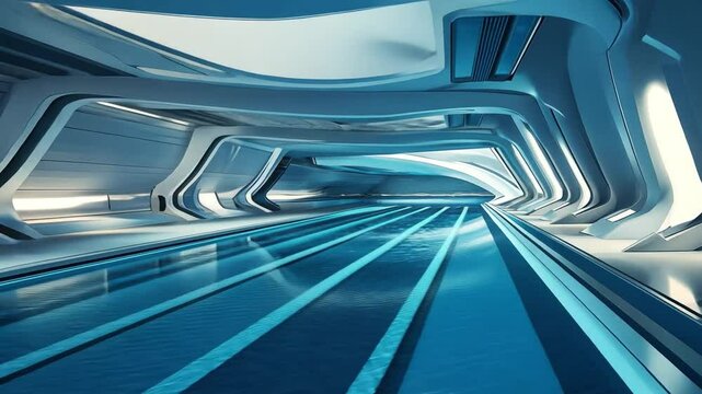 Futuristic Spaceship Corridor: Sleek, futuristic architectural design of a spaceship corridor with glowing blue lines, creating a sense of depth and mystery. Perfect for sci-fi, technology.