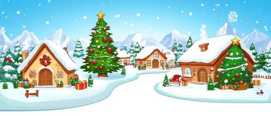 A Christmas scene with a tree in the middle and houses on the sides