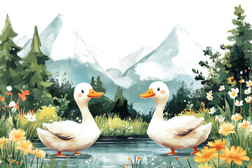 Obraz premium Two White Ducks by a Mountain Lake in Spring