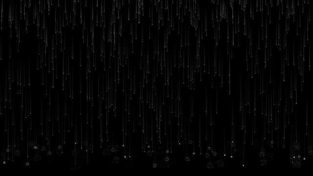3D falling rain with raindrops animation background or overlay, concepts, ideas, 4K, transparent background with alpha channel, seamless loopable element