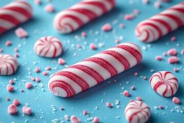 Fototapeta premium Festive candy canes and peppermint candies on a vibrant blue background, perfect for holiday themes, sweet treats, and seasonal designs.