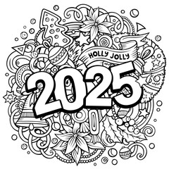 2025 doodles illustration. New Year objects and elements design. Line art cartoon holidays funny background