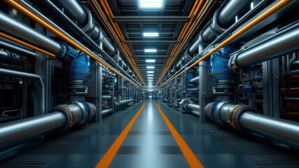 Obraz premium Modern industrial corridor with metallic pipes.