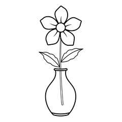 Flower in a Vase Outline Vector Illustration. This is a black and white vector illustration of a flower in a vase. The flower has five rounded petals surrounding a circular center.