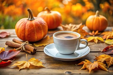 Coffee on autumn table with pumpkins and cinnamon