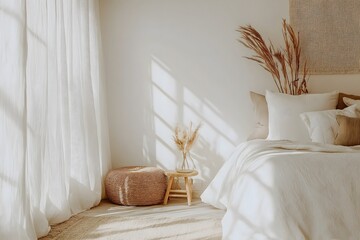Scandinavian Bedroom with White Walls, Wood Accents, Linen Curtains, Dried Flowers, Minimalist and Airy Design