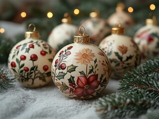 Hand-painted floral Christmas ornaments with holly and poinsettia designs on a snowy surface, perfect for holiday decorations, festive crafts, and seasonal marketing.