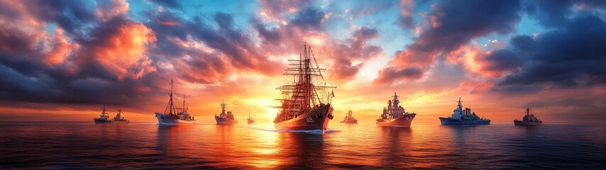 Fototapeta premium Diverse Group of Naval Ships at Sea Showcasing Maritime Strength and Unity in Modern Naval Operations and Technology