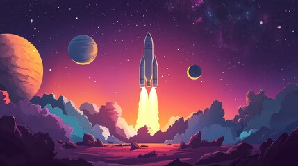 Rocket Launching Through Space Towards Distant Planets