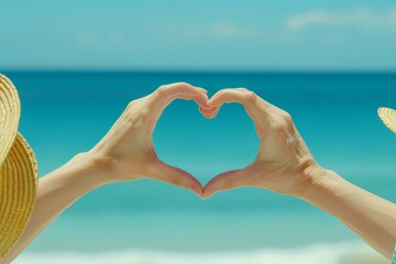 Couples Hands Form Heart Shape Against Tropical Beach, Symbolizing Love, Retirement, and Insurance
