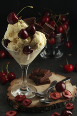 Ice cream scoops in an ice cream bowl with chocolate and cherry