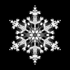 White glowing transparent snowflake, isolated icon. Merry Christmas and Happy New Year. Simple neon light. Shining winter, xmas lamp. Fluorescent, luminescent illumination. Png