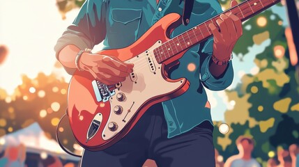 Musician Playing Red Electric Guitar Outdoors