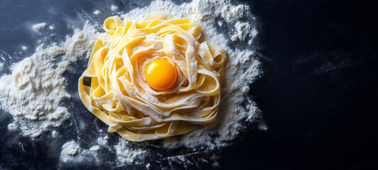 Fettuccine pasta with an egg yolk on top, surrounded by flour