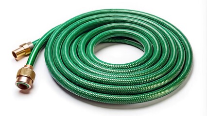 Coiled flexible tube watering garden hose with sprayer isolated on white background