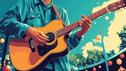 Person Playing Acoustic Guitar Outdoors Under A Blue Sky