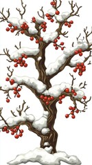 Fototapeta premium Snow-Covered Winter Tree with Red Berries - Festive Holiday Illustration