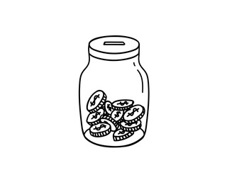 Coins in a glass jar, hand-drawn line art illustration of a savings jar in simple doodle style. Charity, philanthropy, volunteer, moneybox sticker, Isolated on white background
