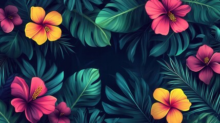 Vibrant Hibiscus Flowers and Lush Tropical Leaves