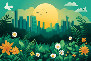 Cityscape Sunrise Over Lush Green Foliage and Flowers