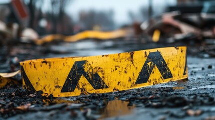 Damaged Warning Tape Lies In Mud After Disaster