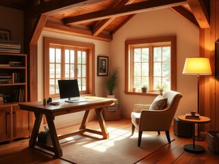 Fototapeta premium Home office with windows and wooden table. Desk, computer, armchair, plants