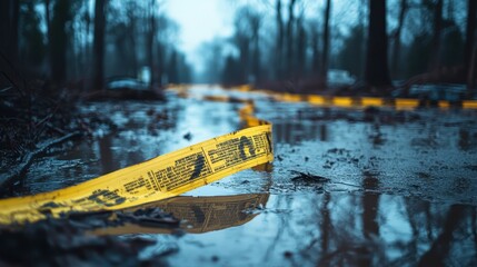 Yellow Warning Tape in Floodwater Near Trees