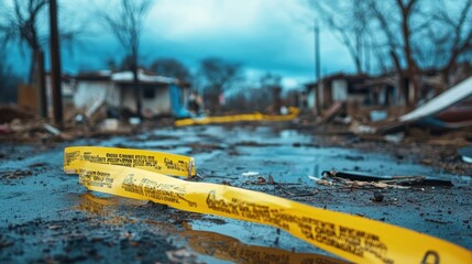 Yellow Caution Tape Lies In Mud Near Destroyed Buildings