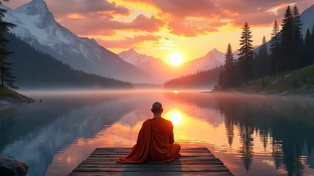 A reflective monk meditating by a still lake at sunset, capturing the golden hues of the sky and surrounding mountain serenity