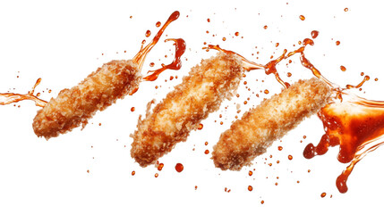 Fried mozzarella sticks splashing in marinara sauce transparent background