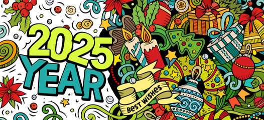 2025 doodles horizontal illustration. New Year objects and elements banner design. Creative cartoon winter holidays background. Colorful vector mural