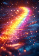 Fototapeta premium Glowing rainbow light trail with sparkling effects on a dark reflective surface, perfect for fantasy artwork, abstract designs, and creative digital projects.