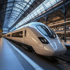 Modern high-speed train waiting at a busy urban station during daylight hours