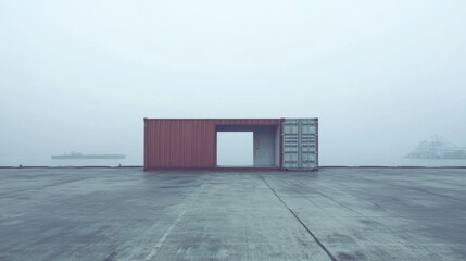 Fototapeta premium A shipping container with a door cut out, placed on a dock, with a ship in the background.
